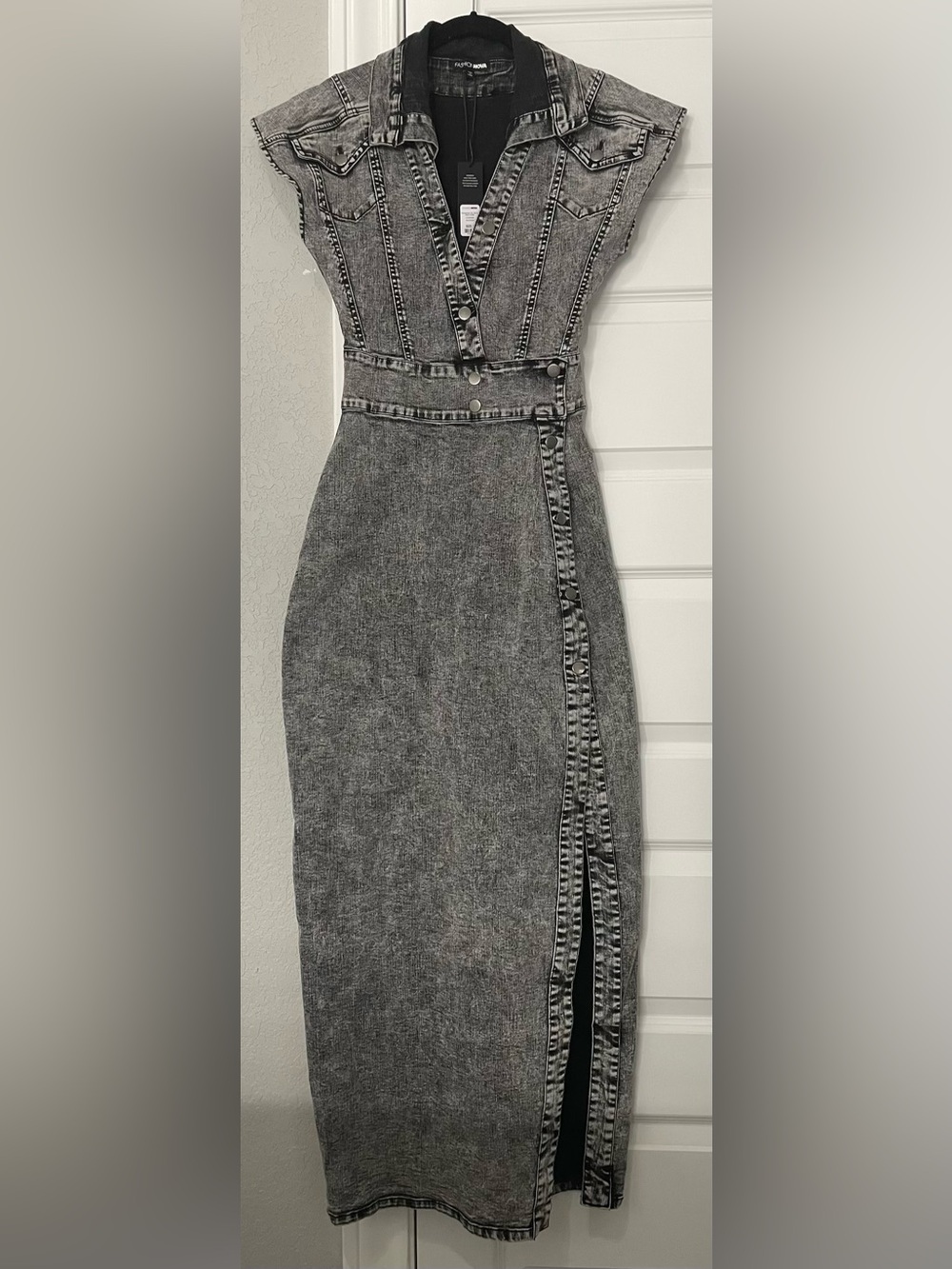 Fashion Nova Grey Washed Denim Maxi Dress with Side Snap Detail